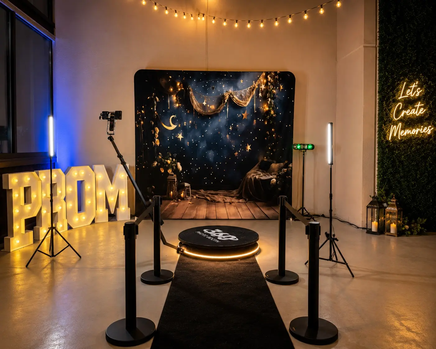 Prom 360 Experience with a custom backdrop, carpet, stanchions, and LED lighting by Images & Creations