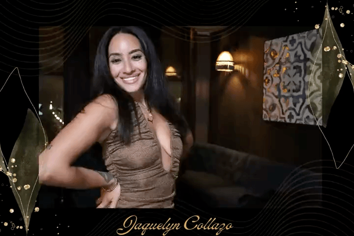 Jaquelyn posing in a custom black and gold birthday video frame